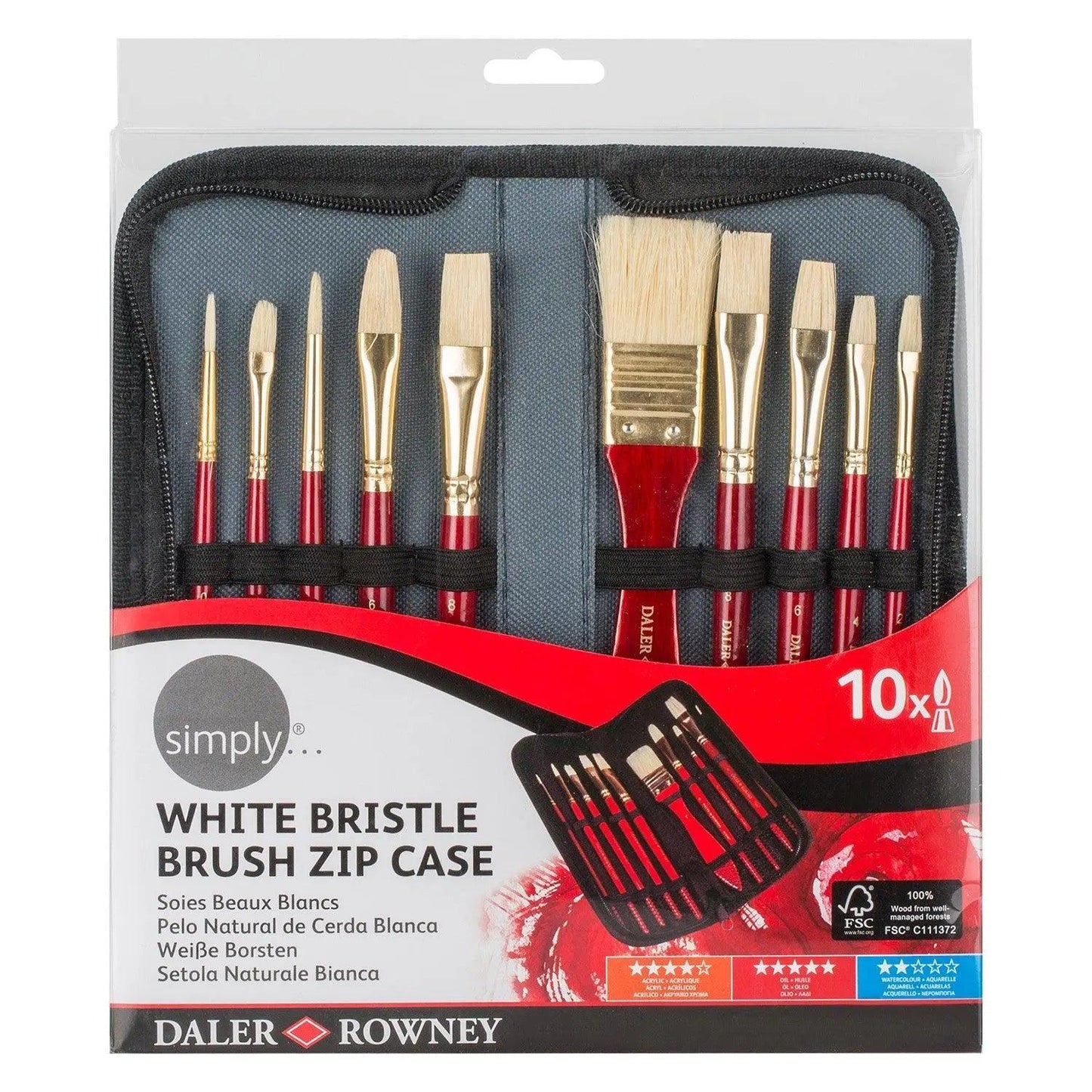 Daler Rowney Simply Bristle Hair Brush Set of 10 Pcs With Zip Case (Damaged Articles)