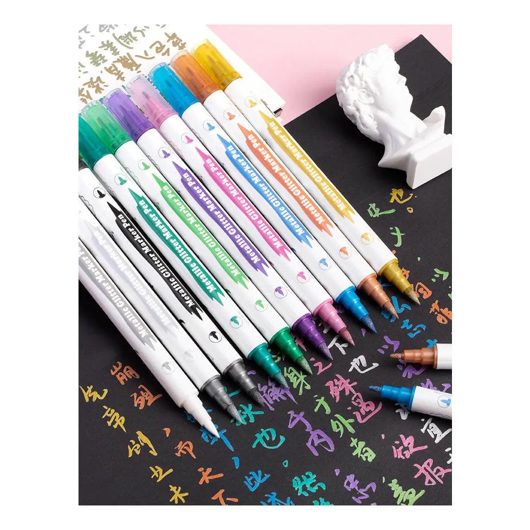 Metallic Glitter Marker Pen Set Double Head Soft Hard Head Highlighter Pack Of 10