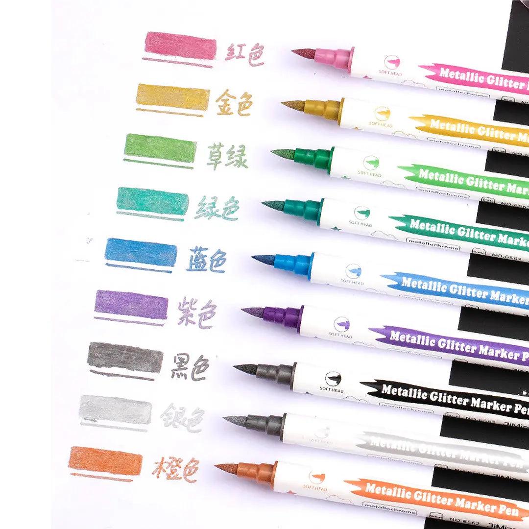 Metallic Glitter Marker Pen Set Double Head Soft Hard Head Highlighter Pack Of 10