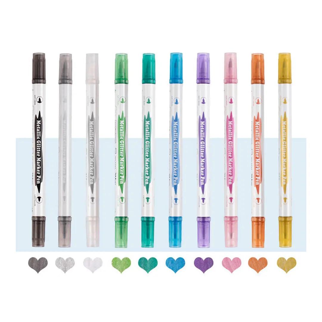 Metallic Glitter Marker Pen Set Double Head Soft Hard Head Highlighter Pack Of 10