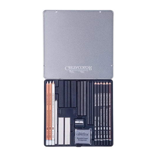 Cretacolor Black &amp; White Charcoal Set of 25 Pcs In Tin Box