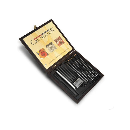 Cretacolor Charcoal And Drawing Set Wooden Black Box 20 Parts