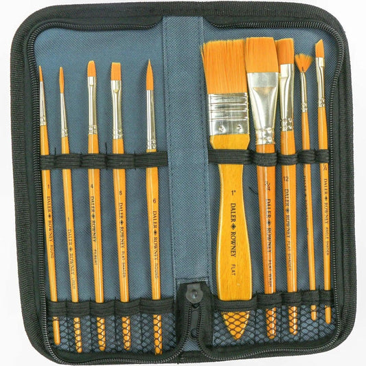Daler Rowney Simply Gold Taklon Synthetic Hairs Brush Set of 10 Pcs With Zip Case.