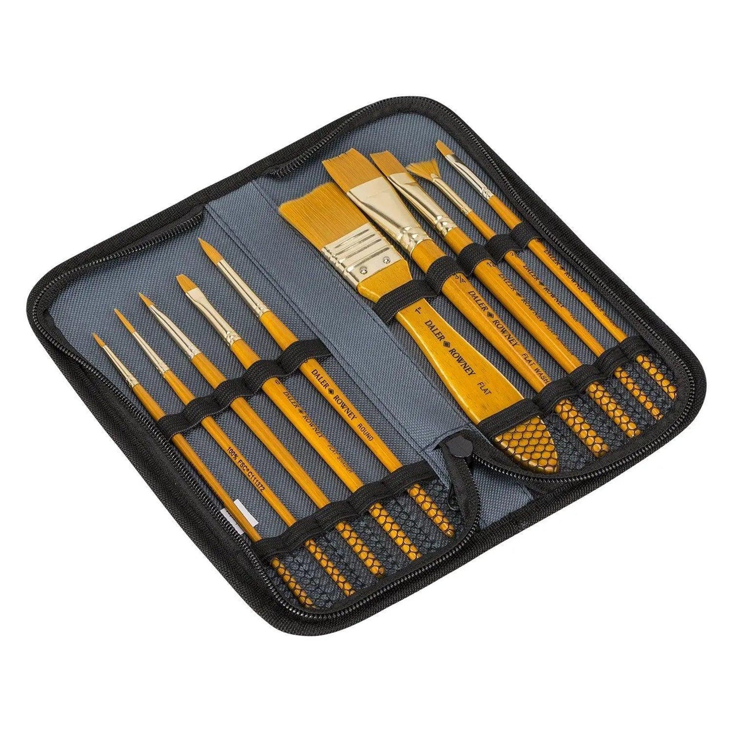 Daler Rowney Simply Gold Taklon Synthetic Hairs Brush Set of 10 Pcs With Zip Case.