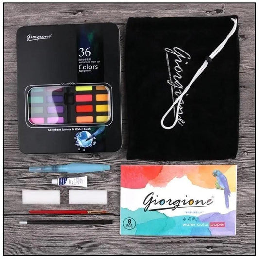 Giorgione 52 Pieces Set with 36 Watercolors Paint Set Brushes Sponges Watercolor Paper Art Drawing