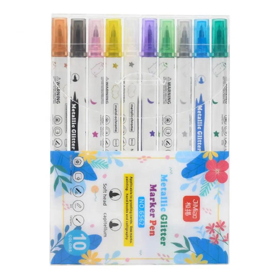 Metallic Glitter Marker Pen Set Double Head Soft Hard Head Highlighter Pack Of 10