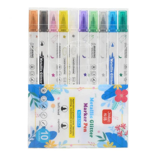 Metallic Glitter Marker Pen Set Double Head Soft Hard Head Highlighter Pack Of 10