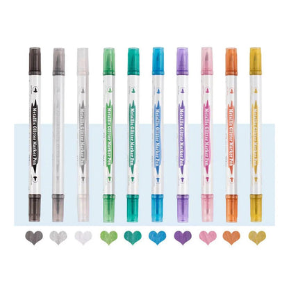 Metallic Glitter Marker Pen Set Double Head Soft Hard Head Highlighter Pack Of 10