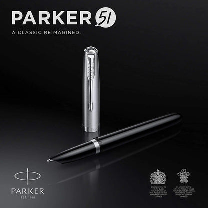 Parker 51 CT Fountain Pen | Black Barrel with Chrome Trim | Fine Nib with Black Ink Cartridge | Gift Box