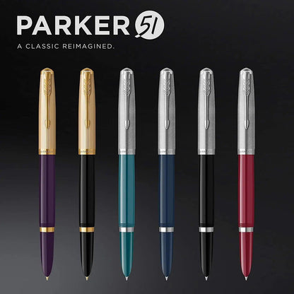 Parker 51 CT Fountain Pen | Black Barrel with Chrome Trim | Fine Nib with Black Ink Cartridge | Gift Box