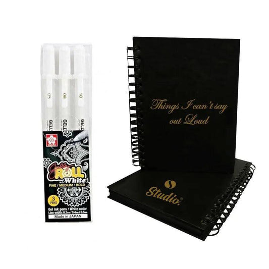 Studio Hardcover Black Paper Notebook With 3 pieces Classic Sakura White Gelly Rollers